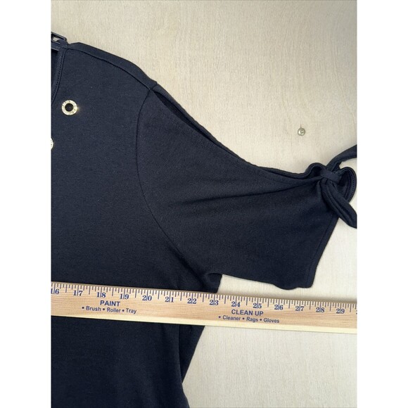 Quacker Factory Blouse Women 1X Black Rhinestone Gold Grommet Knot Open Cuff Top - Picture 10 of 10